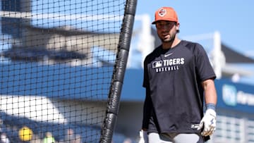 Feb 23, 2025; Tampa, Florida, USA; Detroit Tigers outfielder Matt Vierling (8) takes batting practice before a game against the New York Yankees during spring training at George M. Steinbrenner Field. Mandatory Credit: Nathan Ray Seebeck-Imagn Images