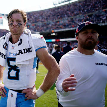 Tennessee Titans quarterback Will Levis (8) on the field after their 24-17 loss against the Chicago Bears at Soldier Field in Chicago, Ill., Sunday, Sept. 8, 2024.