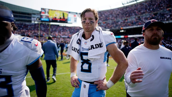 Tennessee Titans quarterback Will Levis (8) on the field after their 24-17 loss against the Chicago Bears at Soldier Field in Chicago, Ill., Sunday, Sept. 8, 2024.