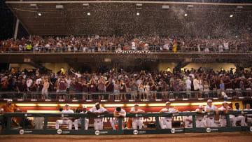 June 1, 2024; College Station, TX, USA; Texas A&M Aggies fans celebrate a 4-2 win against the Texas Longhorns during the second round in the NCAA baseball College Station Regional at Olsen Field College Station. Mandatory Credit: Dustin Safranek-USA TODAY Sports