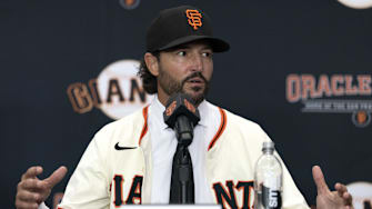 Tony Vitello answers questions from the media as he is introduced as the new manager of the San Francisco Giants at Oracle Park. 