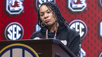 Oct 14, 2025; Birmingham, AL, USA; South Carolina Gamecocks head coach Dawn Staley talks with the media during SEC Media Days at Grand Bohemian Hotel. Mandatory Credit: Vasha Hunt-Imagn Images
