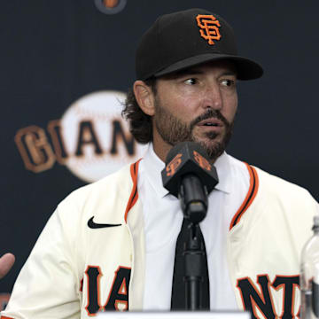 Tony Vitello answers questions from the media as he is introduced as the new manager of the San Francisco Giants at Oracle Park. 