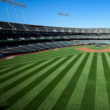 May 26, 2024; Oakland, California, USA; A general view of the Oakland-Alameda County Coliseum from the centerfield bleachers before the game between the Oakland Athletics and the Houston Astros at Oakland-Alameda County Coliseum. Mandatory Credit: Robert Edwards-Imagn Images