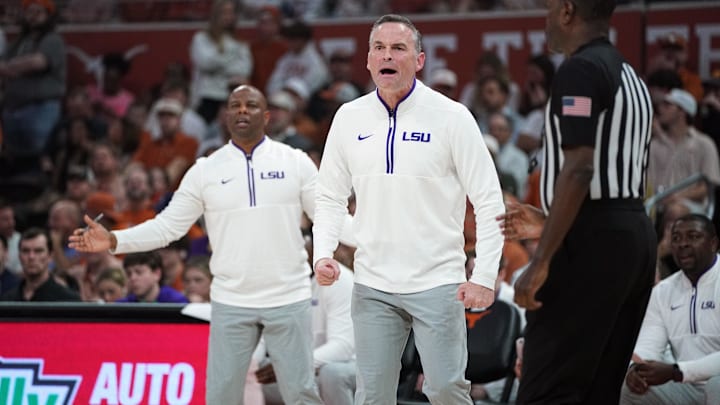 Feb 17, 2026; Austin, Texas, USA; LSU Tigers head coach Matt McMahon reacts to a basket by the Texas Longhorns during the first half at Moody Center. Mandatory Credit: Dustin Safranek-Imagn Images