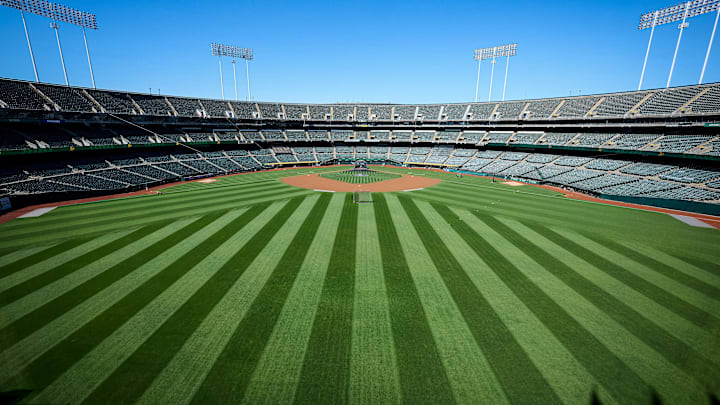 May 26, 2024; Oakland, California, USA; A general view of the Oakland-Alameda County Coliseum from the centerfield bleachers before the game between the Oakland Athletics and the Houston Astros at Oakland-Alameda County Coliseum. Mandatory Credit: Robert Edwards-Imagn Images