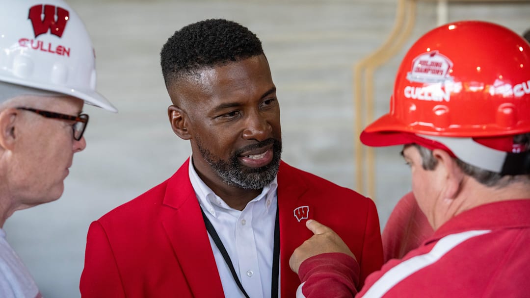 Marcus Sedberry, deputy athletic director/chief operating officer for Wisconsin Athletics, is shown during the program recognizing donors for the Kellner Center Athletic Center at UW-Madison in Madison, Wisconsin. The estimated cost of the project is $285 million. Ted and Mary Kellner are major donors.