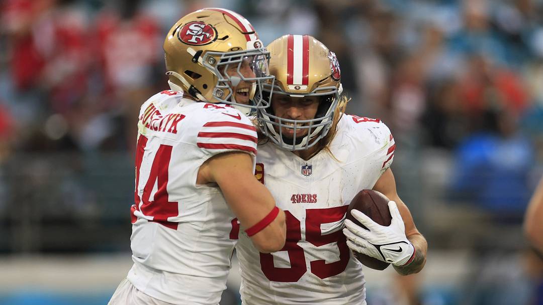 San Francisco 49ers fullback Kyle Juszczyk (44) scores a touchdown as tight end George Kittle (85) celebrates with him during the fourth quarter of an NFL football game Sunday, Nov. 12, 2023 at EverBank Stadium in Jacksonville, Fla. The San Francisco 49ers defeated the Jacksonville Jaguars 34-3. [Corey Perrine/Florida Times-Union]