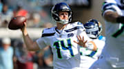Seattle Seahawks quarterback Sam Darnold (14) looks to pass during the third quarter of an NFL football matchup, Sunday, Oct. 12, 2025, at EverBank Stadium in Jacksonville, Fla. The Seahawks defeated the Jaguars 20-12.