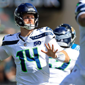 Seattle Seahawks quarterback Sam Darnold (14) looks to pass during the third quarter of an NFL football matchup, Sunday, Oct. 12, 2025, at EverBank Stadium in Jacksonville, Fla. The Seahawks defeated the Jaguars 20-12.