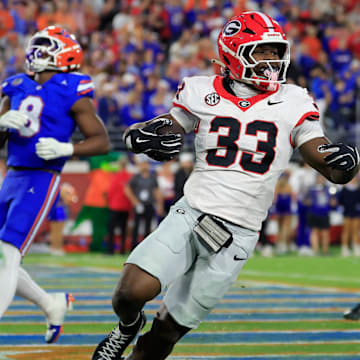 Georgia Bulldogs running back Chauncey Bowens (33) scores a touchdown during the fourth quarter of an NCAA football game, Saturday, Nov. 1, 2025, at EverBank Stadium in Jacksonville, Fla. Georgia held off Florida 24-20. [Corey Perrine/Florida Times-Union]