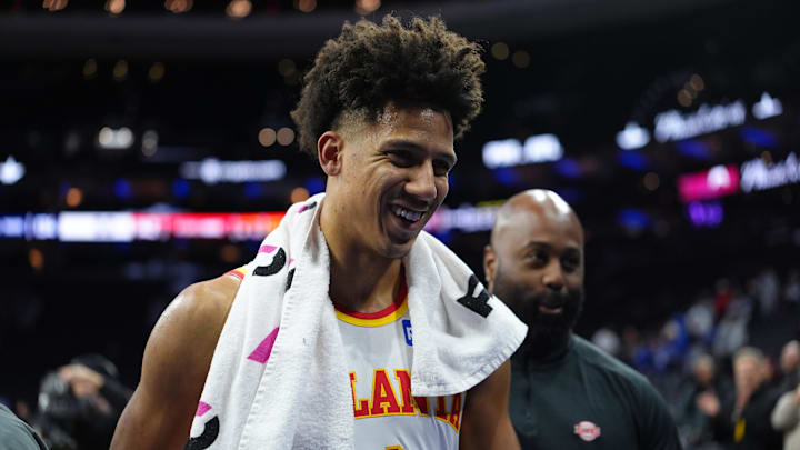 Atlanta Hawks forward Jalen Johnson (1) reacts after the game against the Philadelphia 76ers at Xfinity Mobile Arena. 