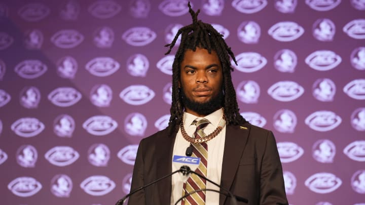 Jul 22, 2024; Charlotte, NC, USA; Florida State defensive end Patrick Payton speaks to the media during ACC Kickoff at Hilton Charlotte Uptown. Mandatory Credit: Jim Dedmon-USA TODAY Sports