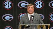 July 15, 2025; Atlanta, GA, USA; Georgia head coach Kirby Smart speaks in the Main Media Room during SEC Media Days at the College Football Hall of Fame in Atlanta.