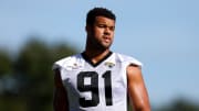 Jul 24, 2024; Jacksonville, FL, USA; Jacksonville Jaguars defensive end Arik Armstead (91) participates in training camp at Miller Electric Center. Mandatory Credit: Nathan Ray Seebeck-USA TODAY Sports