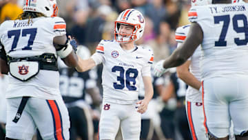 Auburn kicker Alex McPherson (38) celebrates his field goal against Vanderbilt during the second quarter at FirstBank Stadium in Nashville, Tenn., Saturday, Nov. 8, 2025.