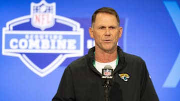 Feb 27, 2024; Indianapolis, IN, USA; Jacksonville Jaguars general manager Trent Baalke talks to the media at the 2024 NFL Combine at Indiana Convention Center. Mandatory Credit: Trevor Ruszkowski-Imagn Images