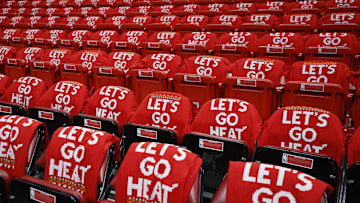 Dec 25, 2023; Miami, Florida, USA; Tee shirts line the seats waiting for fans before the Philadelphia 76ers against the Miami Heat game at Kaseya Center. Mandatory Credit: Rhona Wise-Imagn Images