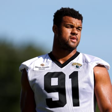 Jul 24, 2024; Jacksonville, FL, USA; Jacksonville Jaguars defensive end Arik Armstead (91) participates in training camp at Miller Electric Center. Mandatory Credit: Nathan Ray Seebeck-USA TODAY Sports