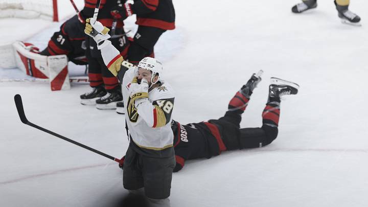 Jun 2, 2026; Raleigh, North Carolina, USA; Vegas Golden Knights center Tomas Hertl (48) celebrates scoring during the third period against the Carolina Hurricanes in game one of the 2026 Stanley Cup Final at Lenovo Center. Mandatory Credit: Nathan Ray Seebeck-Imagn Images