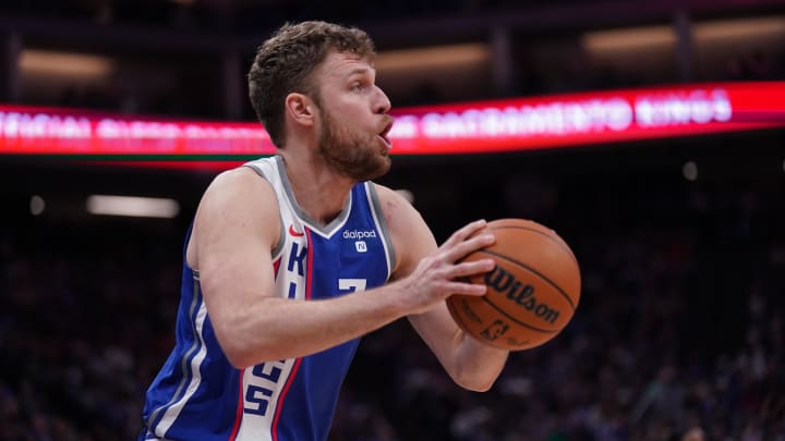 Apr 14, 2024; Sacramento, California, USA; Sacramento Kings forward Sasha Vezenkov (7) looks to shoot the ball against the Portland Trail Blazers in the fourth quarter at the Golden 1 Center. Mandatory Credit: Cary Edmondson-USA TODAY Sports