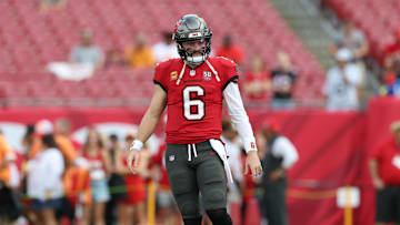 Dec 7, 2025; Tampa, Florida, USA; Tampa Bay Buccaneers quarterback Baker Mayfield (6) warms up before a game against the New Orleans Saints at Raymond James Stadium. Mandatory Credit: Nathan Ray Seebeck-Imagn Images