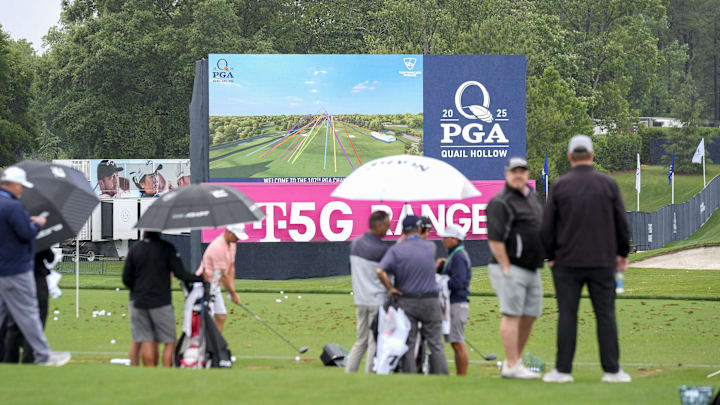 PGA Tour players hit the driving range during a practice round for the PGA Championship golf tournament at Quail Hollow PGA Tour players hit the driving range during a practice round for the PGA Championship golf tournament at Quail Hollow