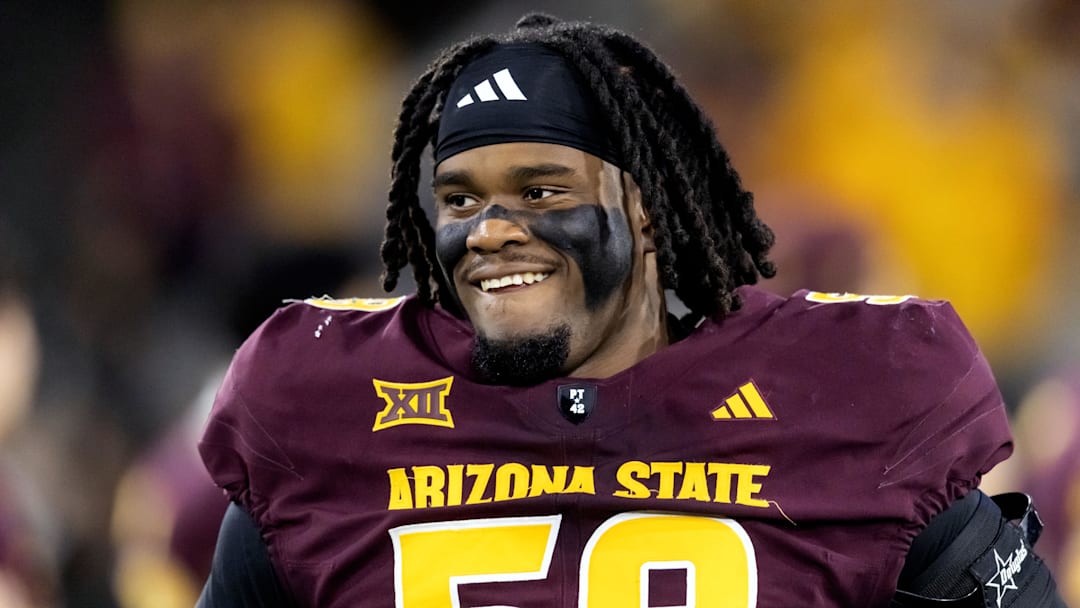 Nov 28, 2025; Tempe, Arizona, USA; Arizona State Sun Devils offensive lineman Max Iheanachor (58) against the Arizona Wildcats during the 99th Territorial Cup at Mountain America Stadium. Mandatory Credit: Mark J. Rebilas-Imagn Images Nov 28, 2025; Tempe, Arizona, USA; Arizona State Sun Devils offensive lineman Max Iheanachor (58) against the Arizona Wildcats during the 99th Territorial Cup at Mountain America Stadium. Mandatory Credit: Mark J. Rebilas-Imagn Images