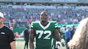 Sep 14, 2025; East Rutherford, New Jersey, USA; New York Jets defensive end Micheal Clemons (72) after the game against the Buffalo Bills at MetLife Stadium. Mandatory Credit: Vincent Carchietta-Imagn Images 