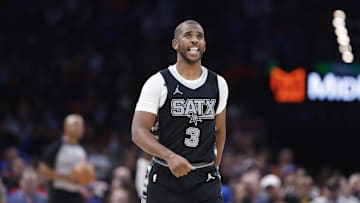 Oct 30, 2024; Oklahoma City, Oklahoma, USA; San Antonio Spurs guard Chris Paul (3) walks down the court during the second half against the Oklahoma City Thunder at Paycom Center. Mandatory Credit: Alonzo Adams-Imagn Images