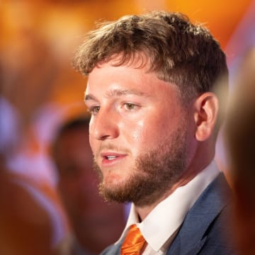 Jul 17, 2024; Dallas, TX, USA; Texas quarterback Quinn Ewers speaking at Omni Dallas Hotel. Mandatory Credit: Brett Patzke-USA TODAY Sports