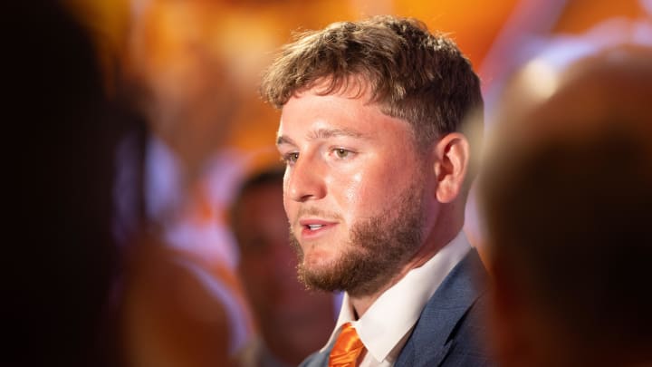 Jul 17, 2024; Dallas, TX, USA; Texas quarterback Quinn Ewers speaking at Omni Dallas Hotel. Mandatory Credit: Brett Patzke-USA TODAY Sports