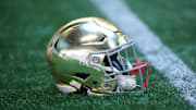 Oct 19, 2024; Atlanta, Georgia, USA; A Notre Dame Fighting Irish helmet on the field before  a game against the Georgia Tech Yellow Jackets at Mercedes-Benz Stadium. Mandatory Credit: Brett Davis-Imagn Images