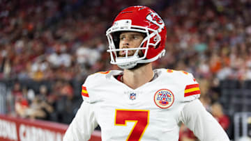 Aug 9, 2025; Glendale, Arizona, USA; Kansas City Chiefs kicker Harrison Butker (7) against the Arizona Cardinals during a preseason NFL game at State Farm Stadium.