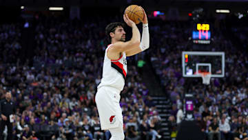 Oct 28, 2024; Sacramento, California, USA; Portland Trail Blazers forward Deni Avdija (8) shoots the ball during the second quarter against the Sacramento Kings at Golden 1 Center. Mandatory Credit: Sergio Estrada-Imagn Images