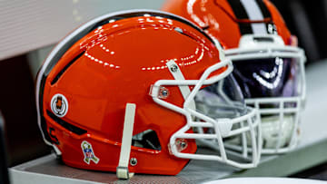 Nov 17, 2024; New Orleans, Louisiana, USA;  Detailed view of the Cleveland Browns helmets on a time out against the New Orleans Saints during the first half at Caesars Superdome. Mandatory Credit: Stephen Lew-Imagn Images