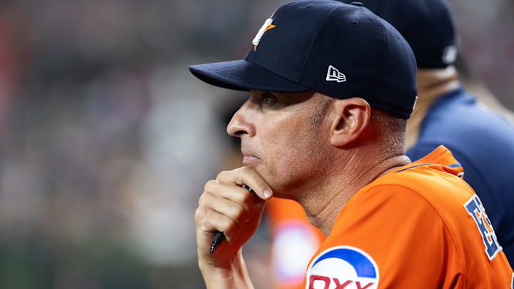 Jul 22, 2025; Phoenix, Arizona, USA; Houston Astros manager Joe Espada against the Arizona Diamondbacks at Chase Field. Mandatory Credit: Mark J. Rebilas-Imagn Images
