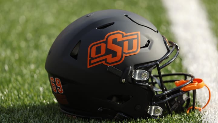 Sep 16, 2023; Stillwater, Oklahoma, USA; An Oklahoma State helmet is seen before an NCAA football game between Oklahoma State and South Alabama at Boone Pickens Stadium. Mandatory Credit: Bryan Terry-USA TODAY Sports