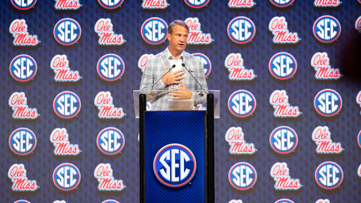 Jul 15, 2024; Dallas, TX, USA; Ole Miss head coach Lane Kiffin speaking at Omni Dallas Hotel. Mandatory Credit: Brett Patzke-USA TODAY Sports