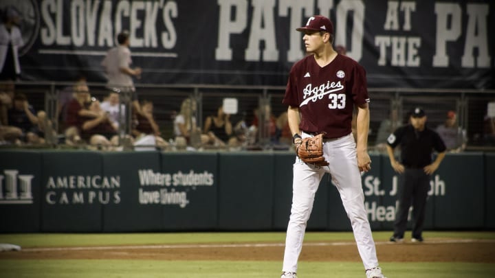 May 17, 2024; College Station, Texas; USA: Texas A&M Aggies sophomore Justin Lamkin winds up for a pitch in the sixth inning.