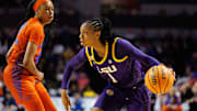 Jan 19, 2025; Gainesville, Florida, USA; LSU Tigers guard Mjracle Sheppard (1) dribbles the ball while Florida Gators guard Jeriah Warren (20) defends during the first half at Exactech Arena at the Stephen C. O'Connell Center. Mandatory Credit: Matt Pendleton-Imagn Images