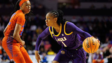 Jan 19, 2025; Gainesville, Florida, USA; LSU Tigers guard Mjracle Sheppard (1) dribbles the ball while Florida Gators guard Jeriah Warren (20) defends during the first half at Exactech Arena at the Stephen C. O'Connell Center. Mandatory Credit: Matt Pendleton-Imagn Images