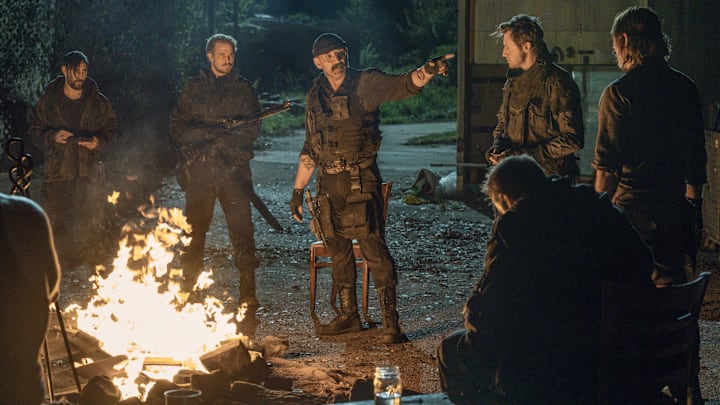 Norman Reedus as Daryl Dixon, Ritchie Coster as Pope, Eric LeBlanc as Powell, Michael Shenefelt as Bossie, Ethan McDowell as Washington in The Walking Dead Season 11, Episode 4 - Photo Credit: Josh Stringer/AMC