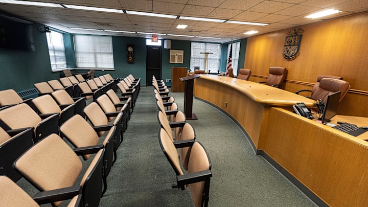 The room that serves as the town court as well as the town board meeting room at North Castle Town Hall, photographed March 20, 2025. Town Supervisor Joe Rende and Police Chief Peter Simonsen say that the present town hall, which houses government offices, town court, and the police station in several different buildings, is no longer adequate to serve as the hub for the town government. They believe that a nearby office building, located at 330 Main Street in Armonk, could be renovated to serve