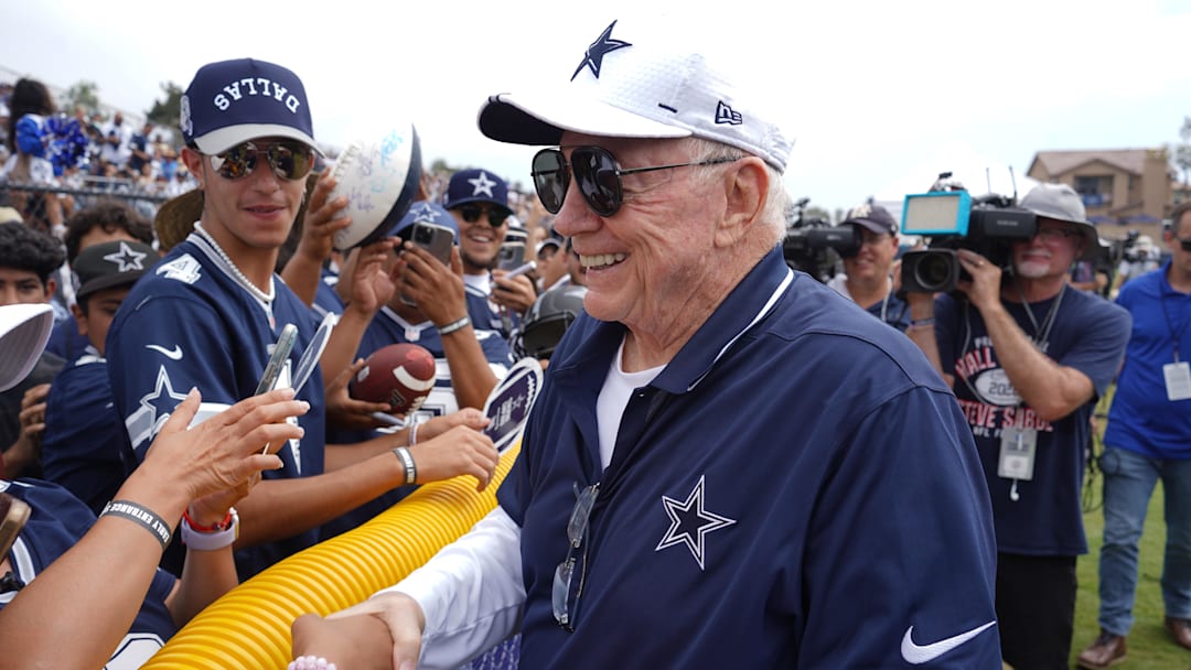 Jul 29, 2023; Oxnard, CA, USA; Dallas Cowboys owner Jerry Jones interacts with fans during training camp at the River Ridge Fields. Mandatory Credit: Kirby Lee-Imagn Images