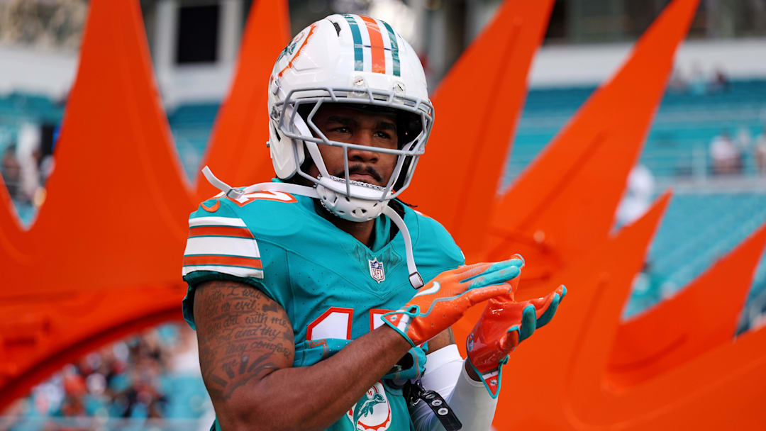 Dec 21, 2025; Miami Gardens, Florida, USA; Miami Dolphins wide receiver Jaylen Waddle (17) reacts during the second quarter against the Cincinnati Bengals at Hard Rock Stadium. Mandatory Credit: Nathan Ray Seebeck-Imagn Images