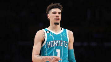 Dec 23, 2022; Los Angeles, California, USA; Charlotte Hornets guard LaMelo Ball (1) reacts against the Los Angeles Lakers in the first half at Crypto.com Arena. The Hornets defeated the Lakers 134-130. Mandatory Credit: Kirby Lee-USA TODAY Sports