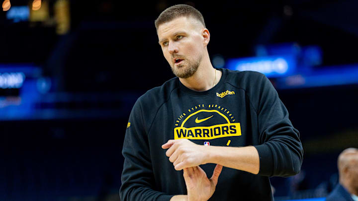 Mar 10, 2026; San Francisco, California, USA; Golden State Warriors center Kristaps Porzingis (7) warms up before the game at Chase Center. Mandatory Credit: Bob Kupbens-Imagn Images