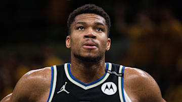 Apr 29, 2025; Indianapolis, Indiana, USA; Milwaukee Bucks forward Giannis Antetokounmpo (34) during game five of the first round for the 2024 NBA Playoffs against the Indiana Pacers at Gainbridge Fieldhouse. Mandatory Credit: Trevor Ruszkowski-Imagn Images