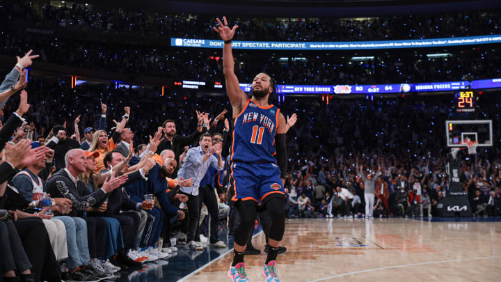 May 14, 2024; New York, New York, USA; New York Knicks guard Jalen Brunson (11) reacts after making a three point basket during the second half during game five of the second round for the 2024 NBA playoffs against the Indiana Pacers at Madison Square Garden. Mandatory Credit: Vincent Carchietta-USA TODAY Sports